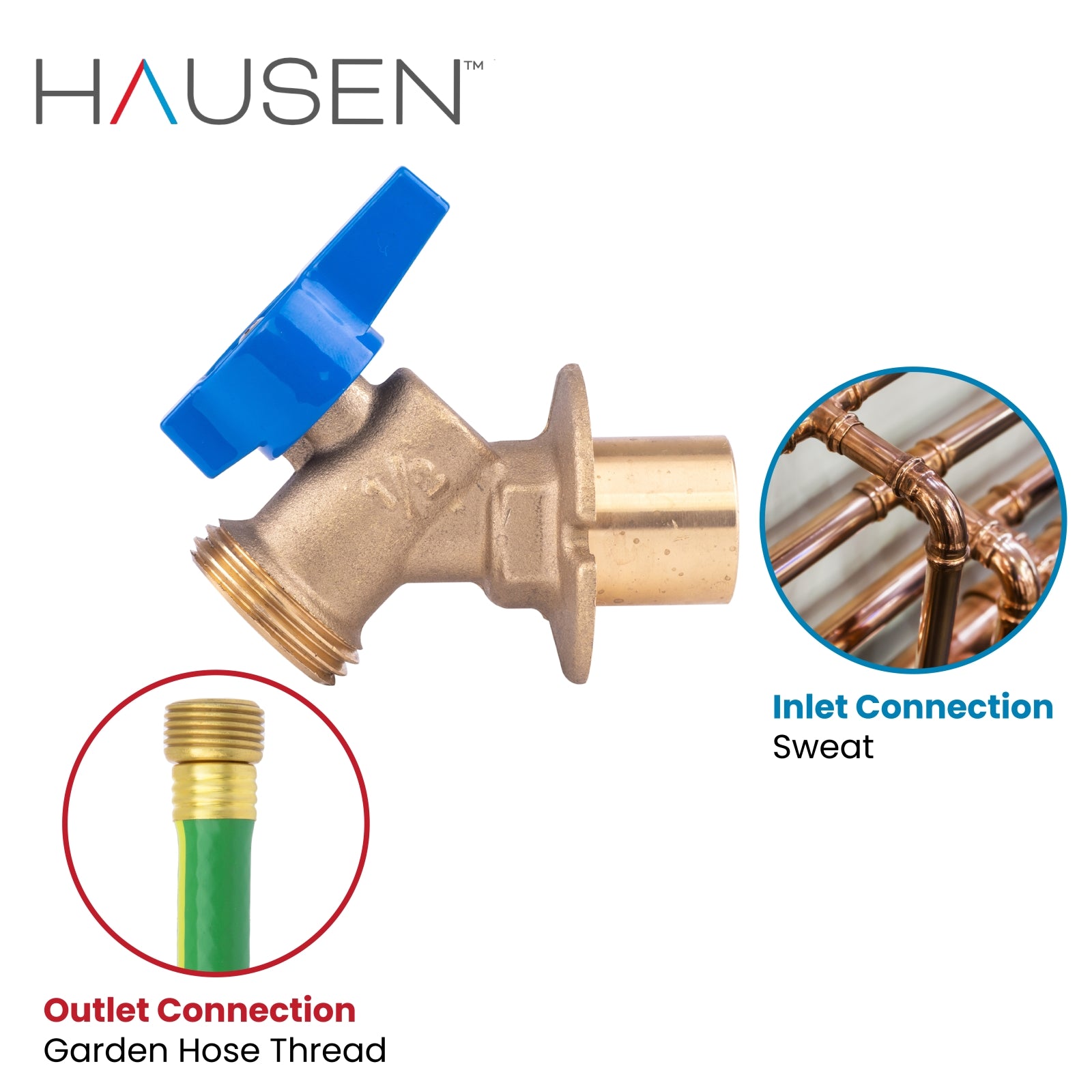 Hausen 1/2-inch or 3/4-inch Spigot Sweat x 3/4-inch MHT (Male Hose Thread) Brass Sillcock Valve with 1/4-Turn Lever Handle Shutoff; cUPC Certified, Compatible with Standard Garden Hoses, 5-Pack