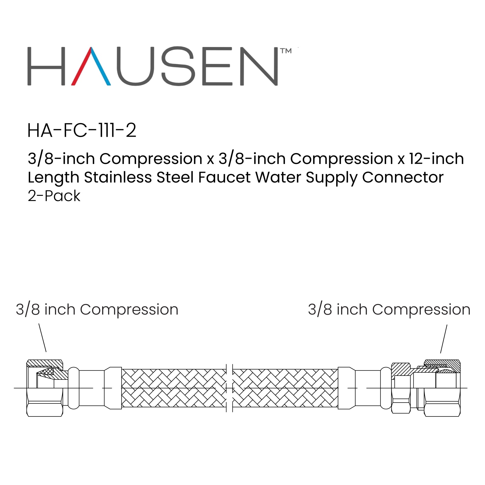 Hausen 3/8-inch Compression x 3/8-inch Compression x 12-inch Length Stainless Steel Faucet Water Supply Connector; Lead Free; cUPC and NSF-61 Certified; Compatible with Standard Faucets, 2-Pack