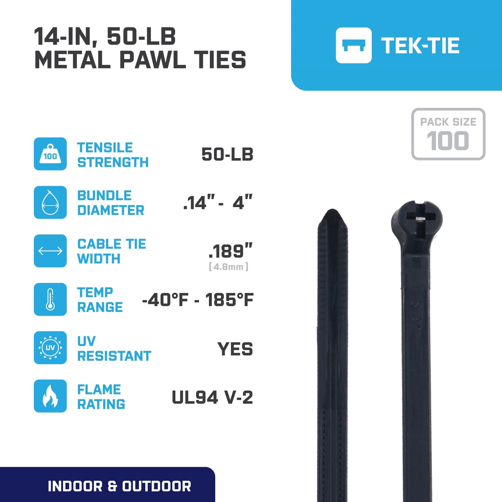 14-inch UV Resistant Black Metal Pawl Cable Tie, 50-lb Tensile Strength, 100-Pack