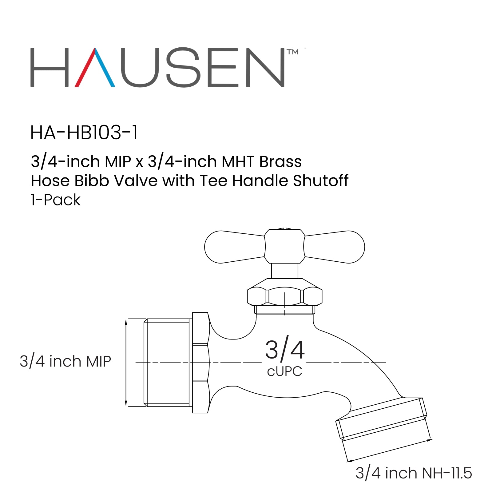 Hausen 3/4-inch MIP (Male Iron Pipe) x 3/4-inch MHT (Male Hose Thread) Brass Hose Bibb Valve with Tee Handle Shutoff; cUPC Certified, Compatible with Standard Garden Hoses, 1-pack