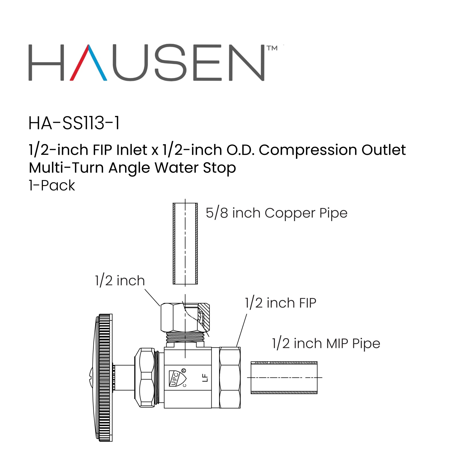 Hausen 1/2-inch FIP Inlet x 1/2-inch O.D. Compression Outlet Multi-Turn Angle Water Stop; Lead-Free Forged Brass; Chrome-Plated; cUPC/ANSI/NSF Certified; Compatible with Iron and Copper Piping, 1-Pack