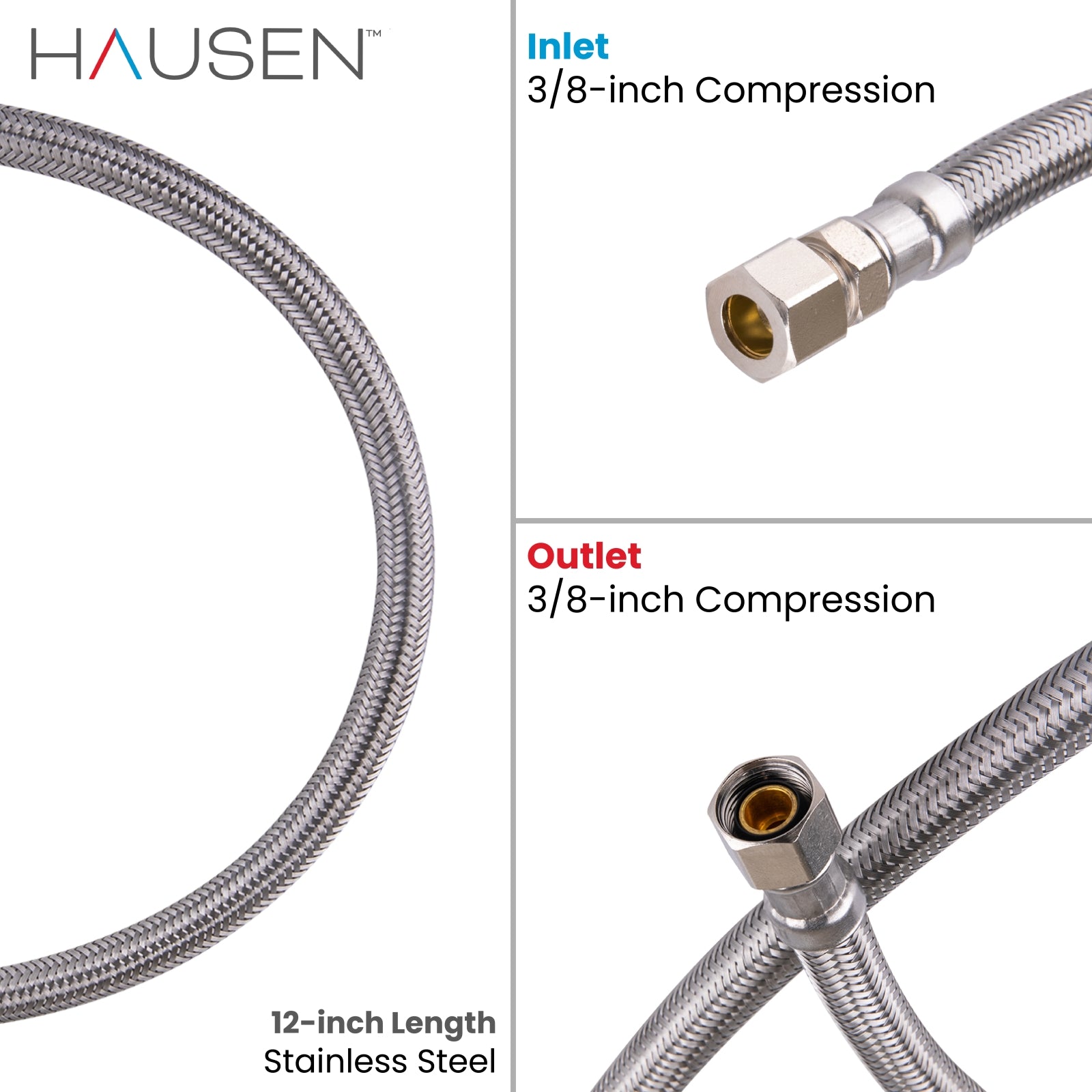 Hausen 3/8-inch Compression x 3/8-inch Compression x 12-inch Length Stainless Steel Faucet Water Supply Connector; Lead Free; cUPC and NSF-61 Certified; Compatible with Standard Faucets, 2-Pack