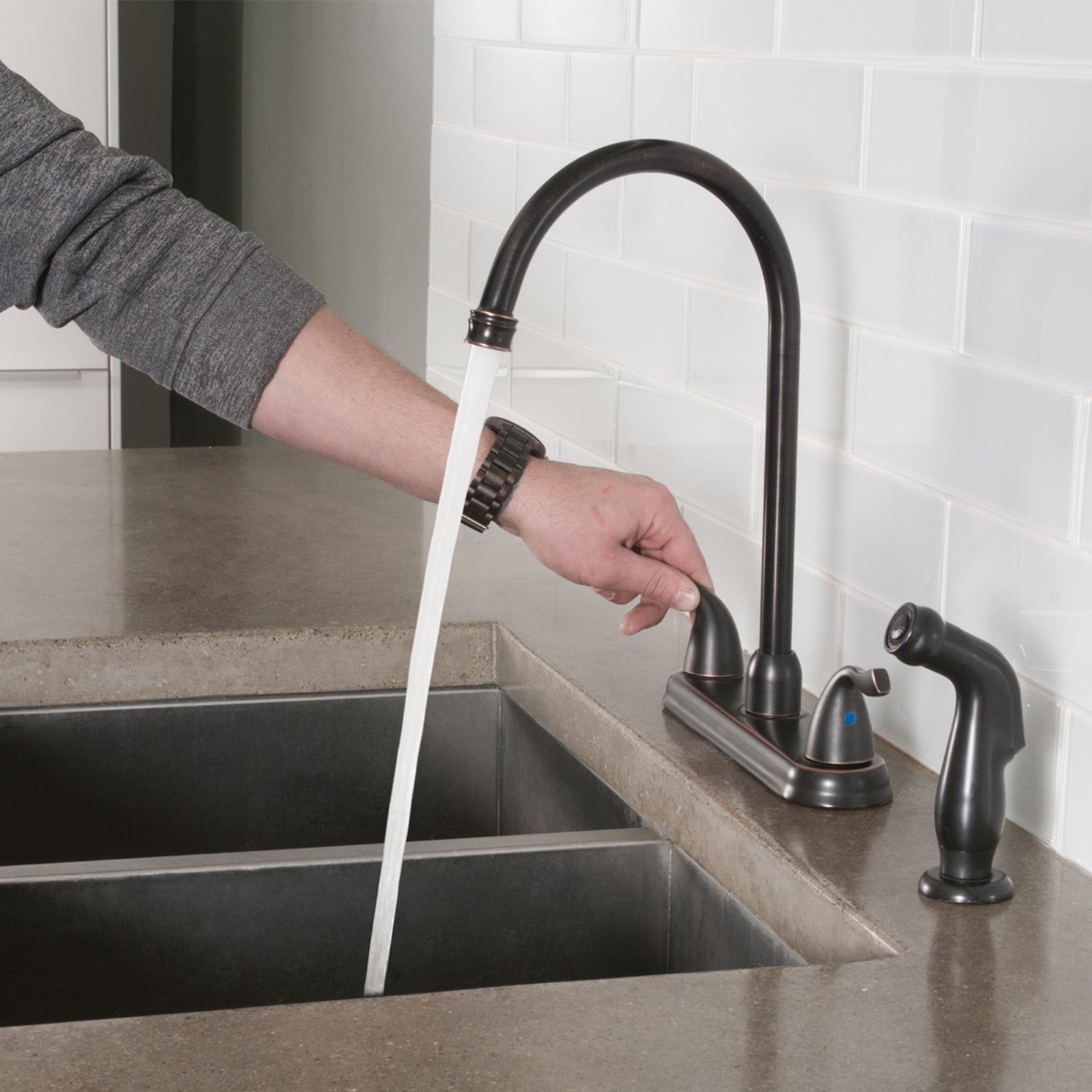 Two-Handle Hi-Arc Kitchen Faucet With Sprayer, Oil-Rubbed Bronze