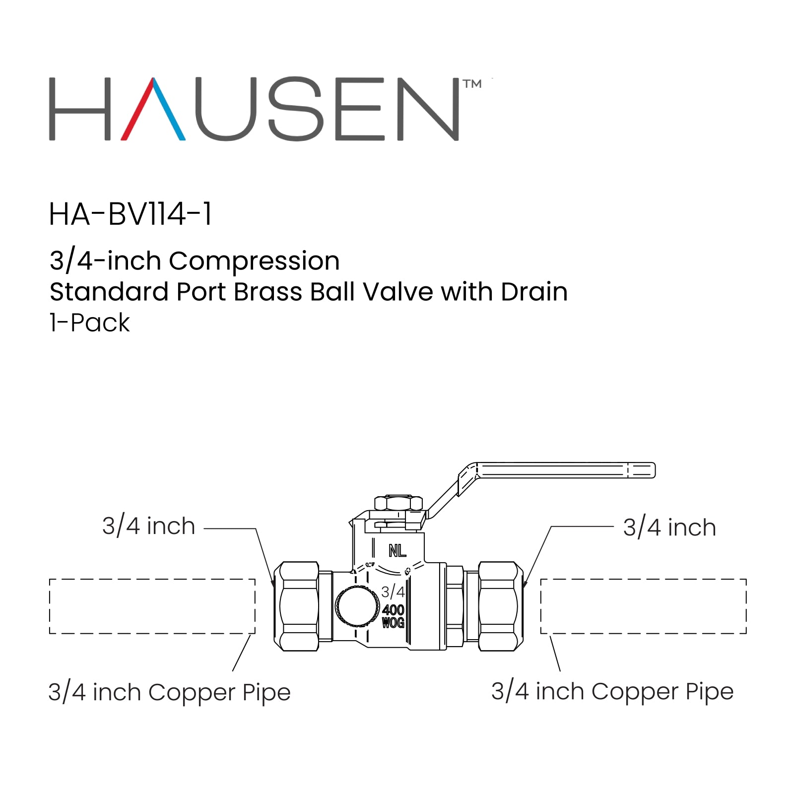 Hausen 3/4-inch Compression Standard Port Brass Ball Valve with Drain; Lead Free Forged Brass; Blowout Resistant Stem; For Use in Potable Water, Oil and Gas Distribution Systems, 1-Pack