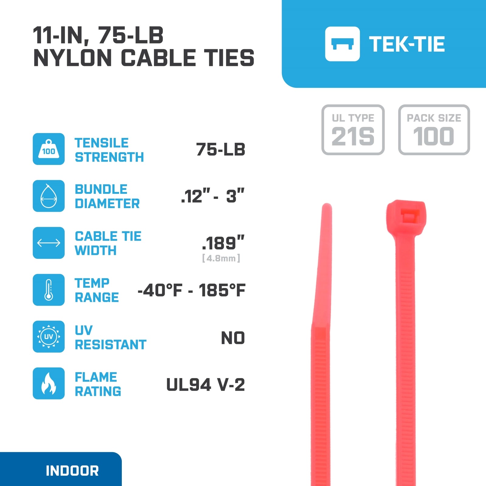 11-inch Fluorescent Pink Multi-Purpose Cable Tie, 75-lb Tensile Strength, UL 21S Listed, 100-Pack