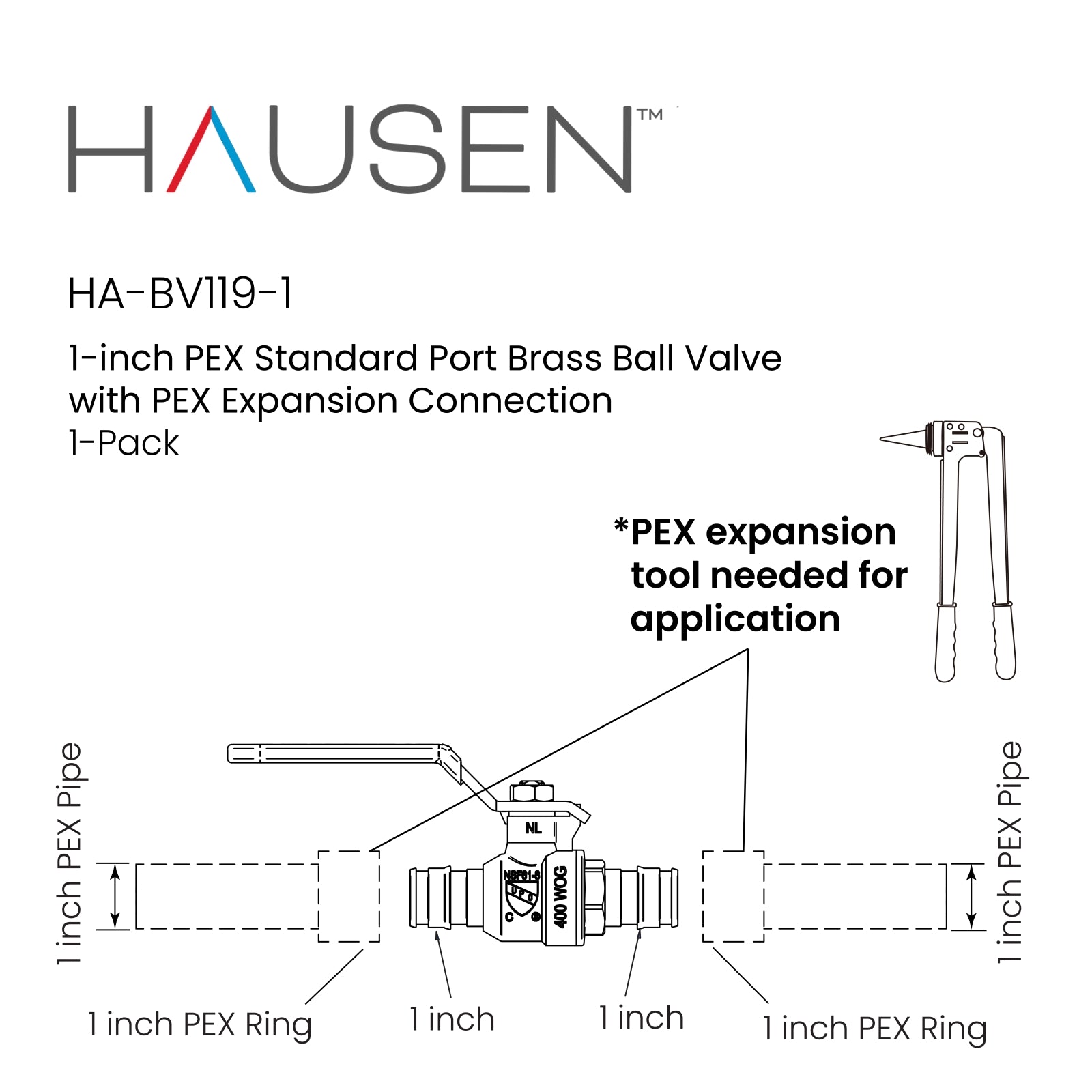 Hausen 1-inch PEX Standard Port Brass Ball Valve with PEX Expansion Connection; Lead Free Forged Brass; Blowout Resistant Stem; For Use in Potable Water, Oil and Gas Distribution Systems, 1-Pack