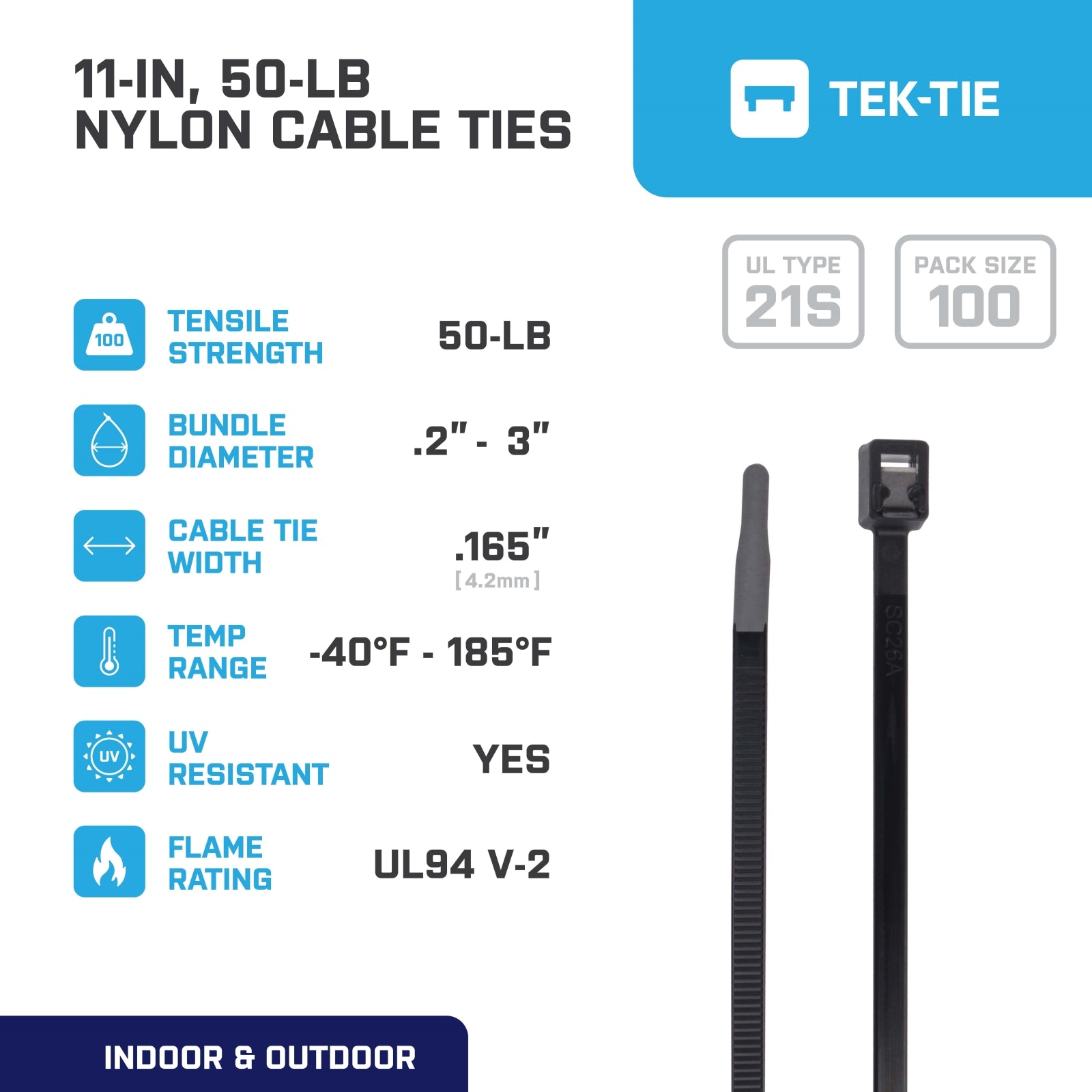 11-inch UV Resistant Black Twist & Cut Cable Tie, 50-lb Tensile Strength, 100-Pack