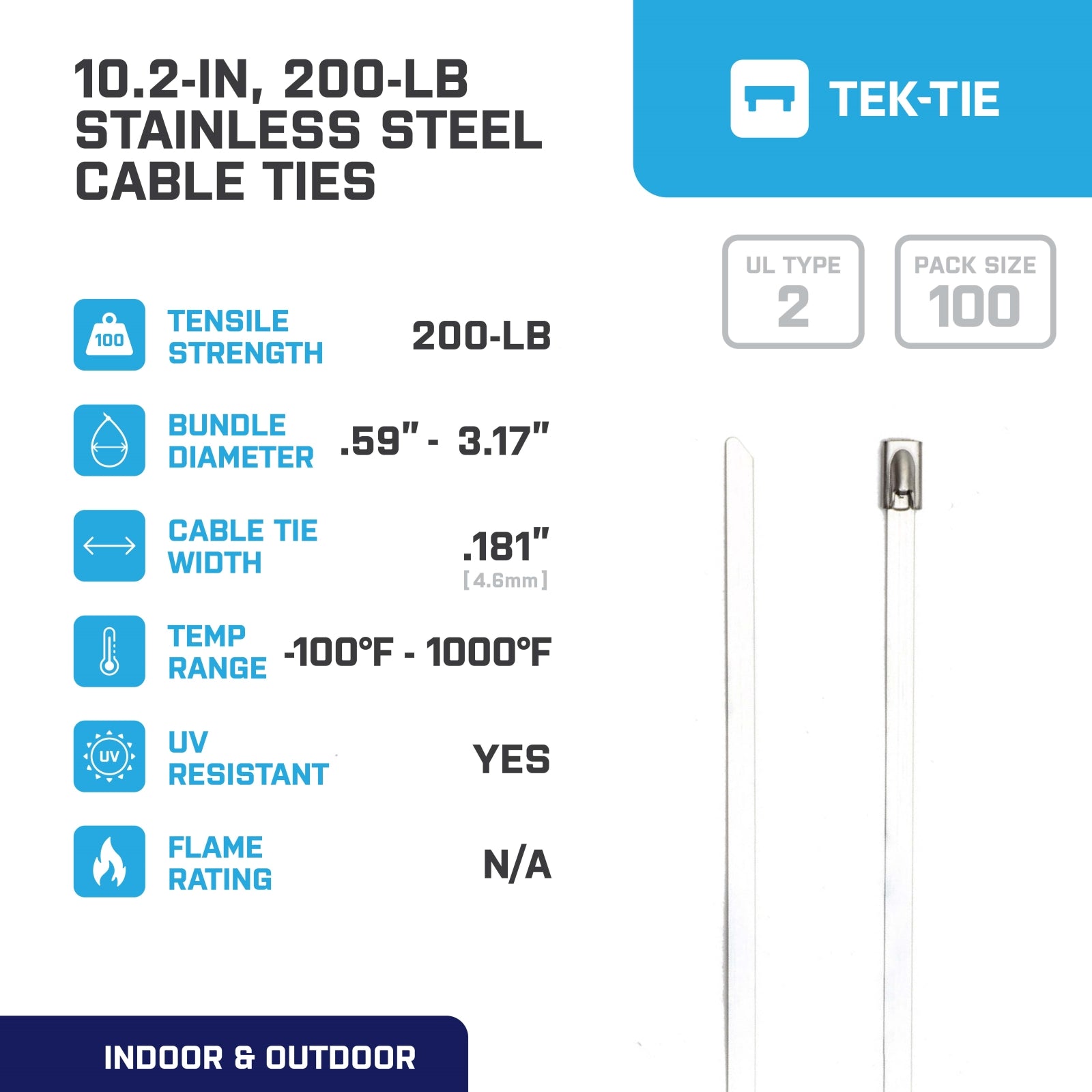 10.2-inch UV Resistant Stainless Steel Cable Tie, 200-lb Tensile Strength, UL 2 Listed, 100-Pack