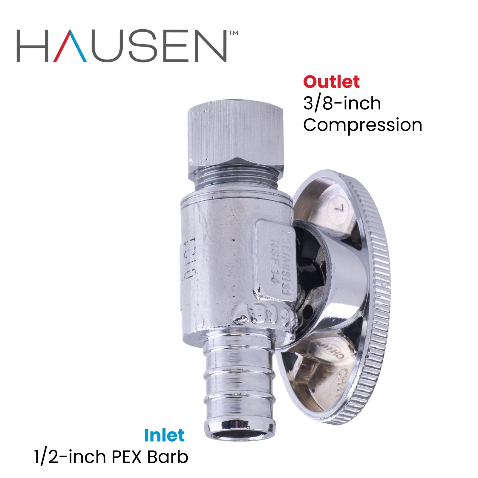 Hausen 1/2-inch PEX Barb x 3/8-inch Compression Outlet 1/4-Turn Straight Water Stop; Lead-Free Forged Brass; Chrome-Plated; cUPC/ANSI/NSF Certified; Compatible with PEX and Copper Piping, 1-Pack