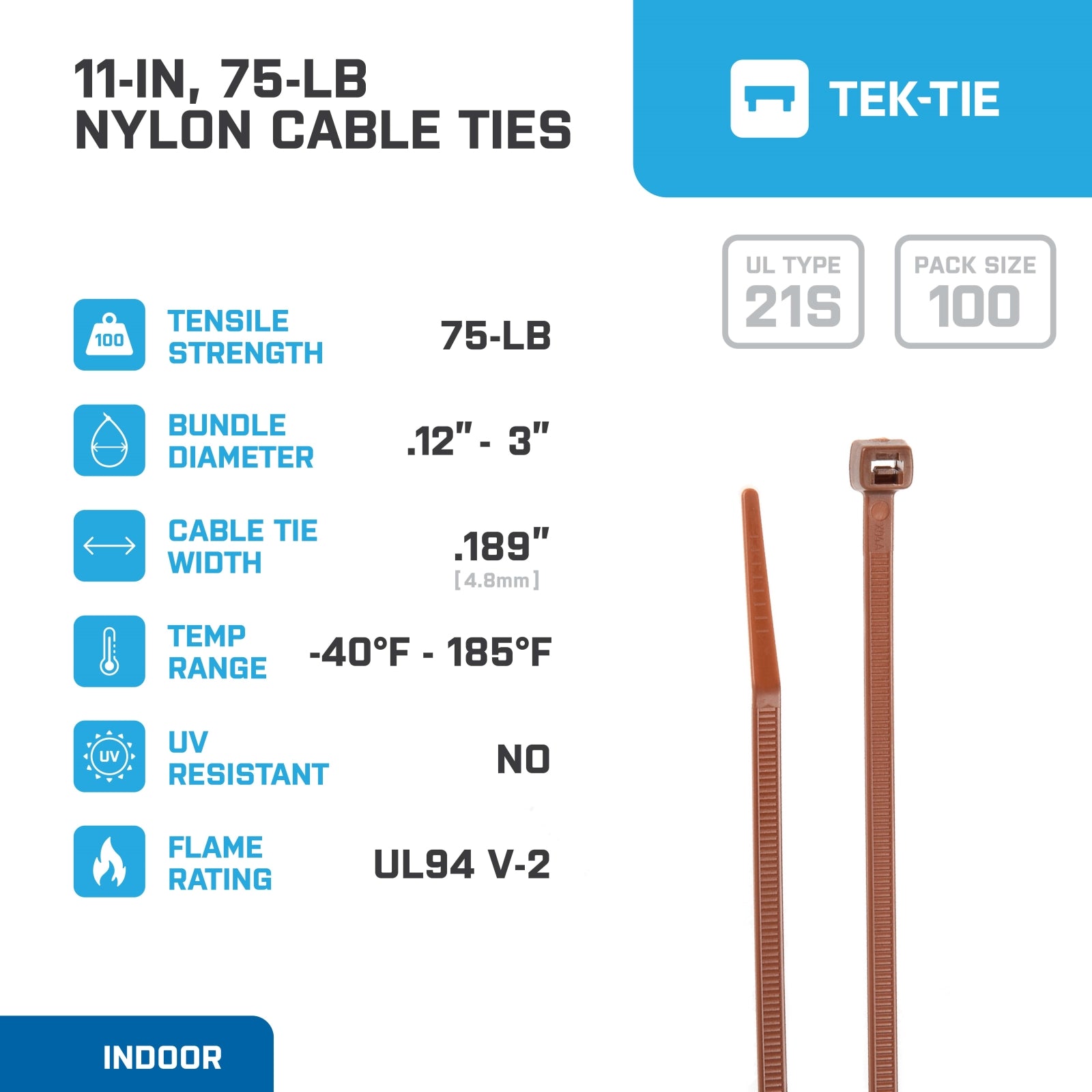 11-inch Dark Brown Multi-Purpose Cable Tie, 75-lb Tensile Strength, UL 21S Listed, 100-Pack