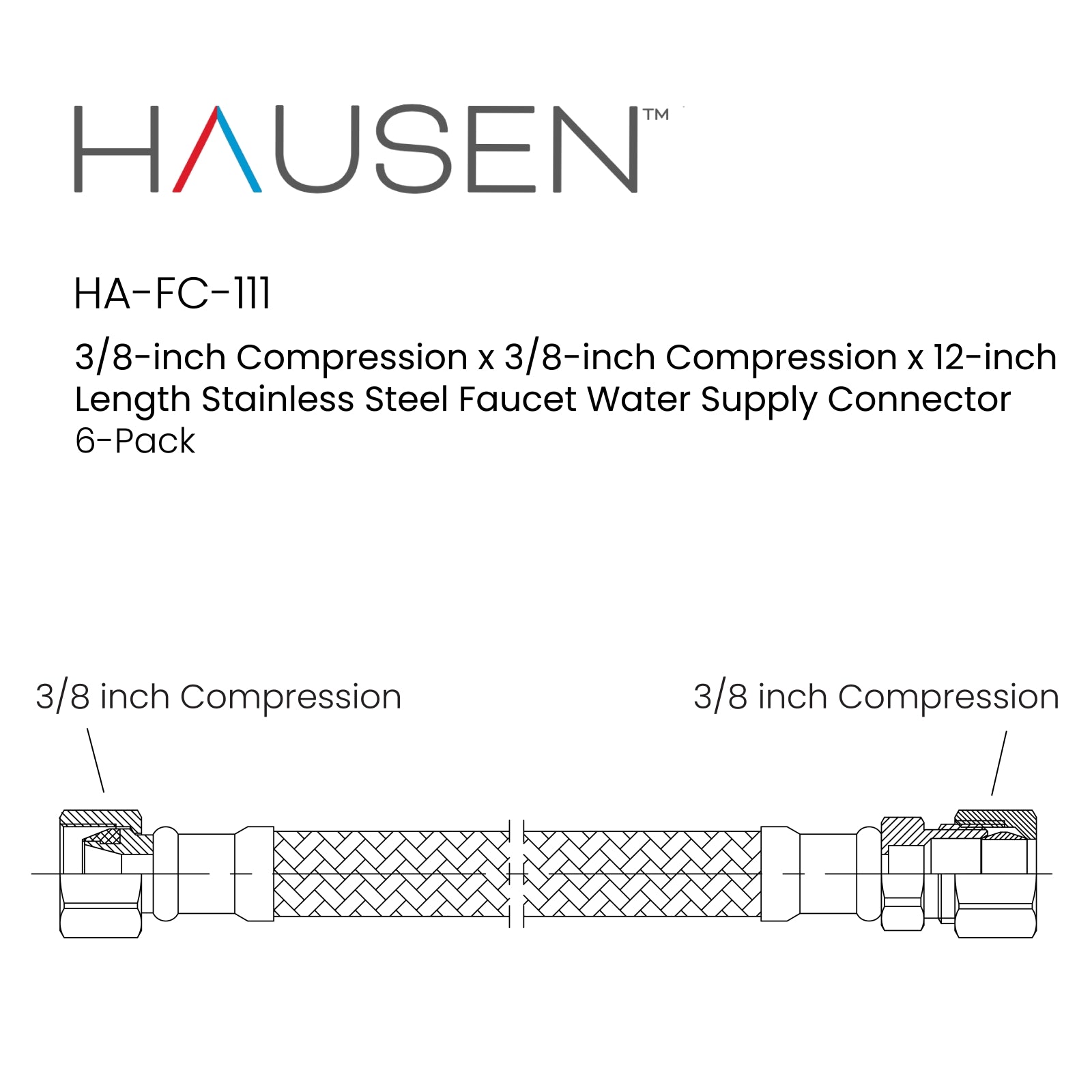 Hausen 3/8-inch Compression x 3/8-inch Compression x 12-inch Length Stainless Steel Faucet Water Supply Connector; Lead Free; cUPC and NSF-61 Certified; Compatible with Standard Faucets, 6-Pack