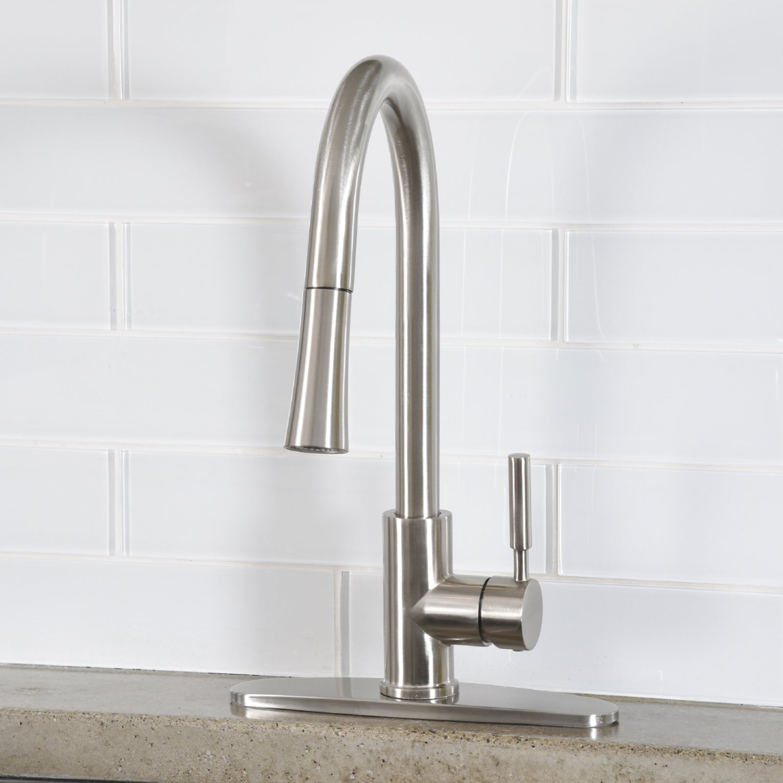 Modern Single-Handled Kitchen Pull-Down Sprayer Faucet, Satin Nickel