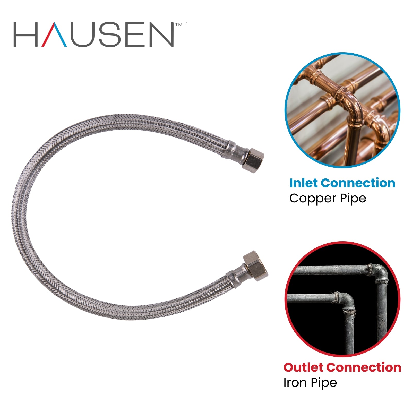 Hausen 3/8-inch Compression x 1/2-inch FIP (Female Iron Pipe) x 20-inch Length Stainless Steel Faucet Water Supply Connector; Lead Free; cUPC and NSF-61 Certified; Compatible with Standard Faucets, 2-Pack