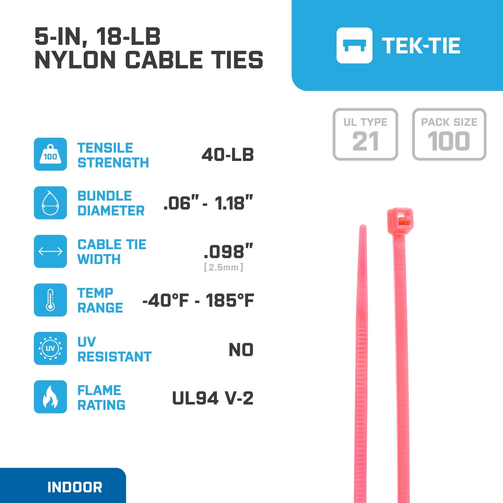 5-inch Fluorescent Pink Multi-Purpose Cable Tie, 18-lb Tensile Strength, UL 21 Listed, 100-Pack