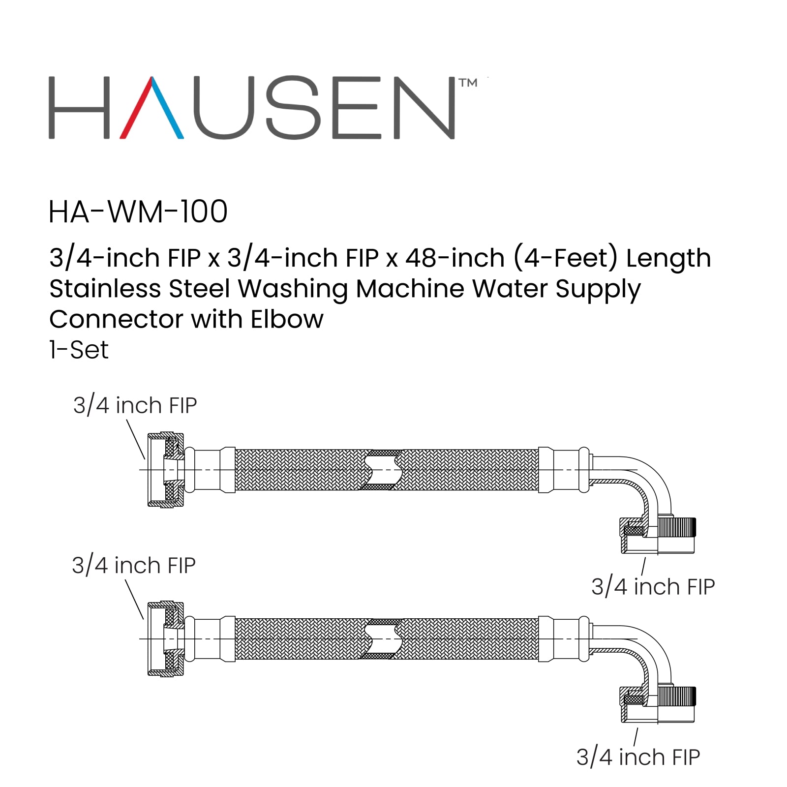 Hausen 3/4-inch FIP (Female Iron Pipe) x 3/4-inch FIP (Female Iron Pipe) x 48-inch (4-Feet) Length Stainless Steel Washing Machine Water Supply Connector with Elbow; For Cold & Hot Water Connections, 1-Pack