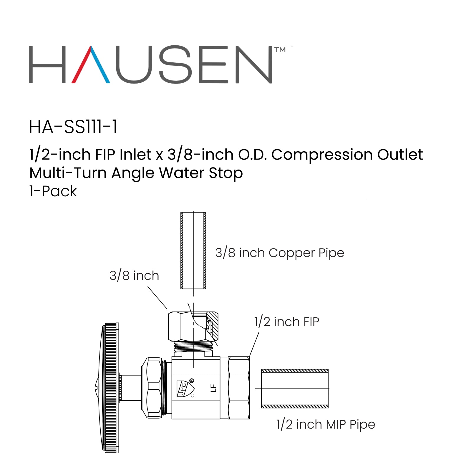 Hausen 1/2-inch FIP Inlet x 3/8-inch O.D. Compression Outlet Multi-Turn Angle Water Stop; Lead-Free Forged Brass; Chrome-Plated; cUPC/ANSI/NSF Certified; Compatible with Iron and Copper Piping, 1-Pack