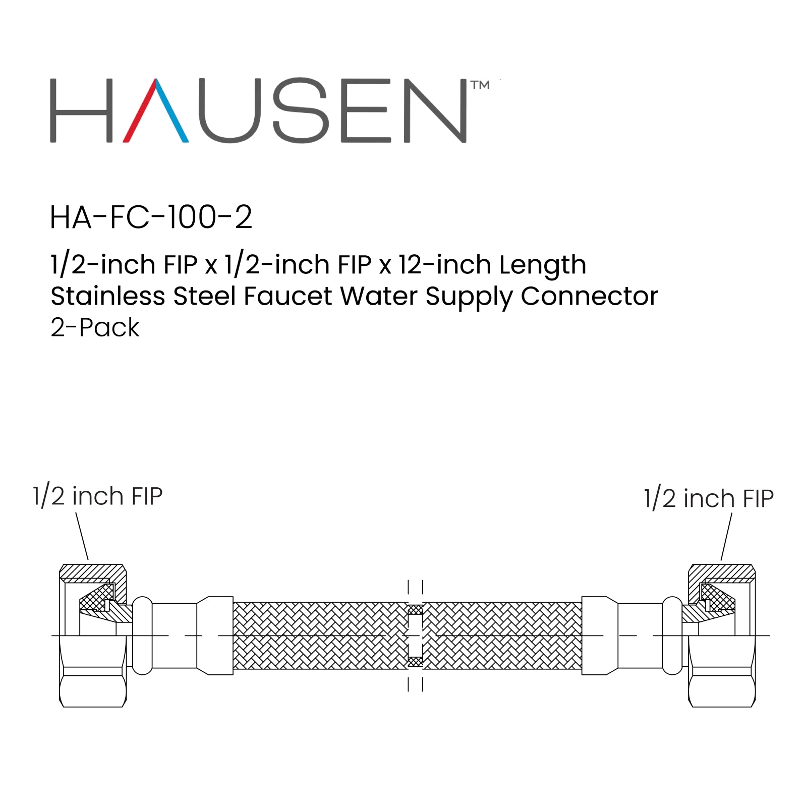 Hausen 1/2-inch FIP (Female Iron Pipe) x 1/2-inch FIP (Female Iron Pipe) x 12-inch Length Stainless Steel Faucet Water Supply Connector; Lead Free; Compatible with Standard Faucets, 2-Pack